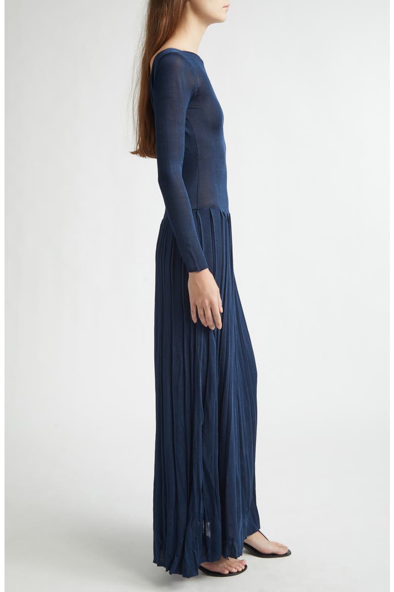 Kingsley Pleated Long Sleeve Drop Waist Column Dress, Alternate, color, TRUE NAVY
