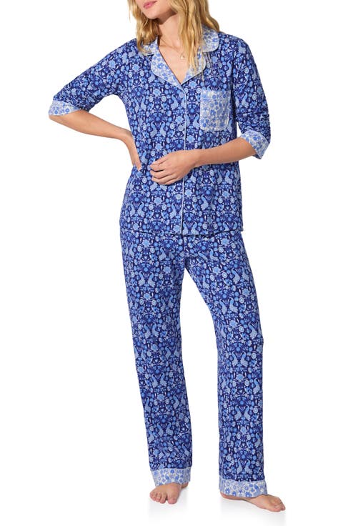 Print Long Sleeve Stretch Organic Cotton Jersey Pajamas (Regular & Plus)
