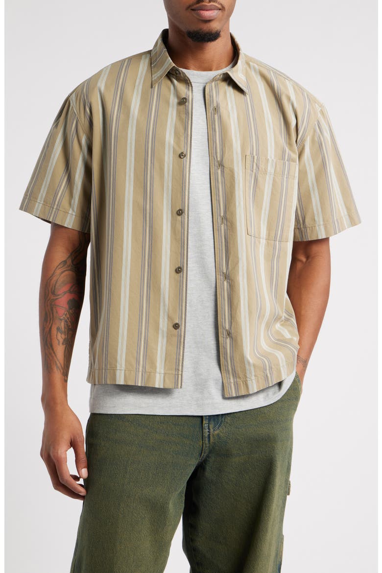 Boxy Camp Short Sleeve Button-Up Cotton Shirt, Main, color, OLIVE UTILITY STRIPE