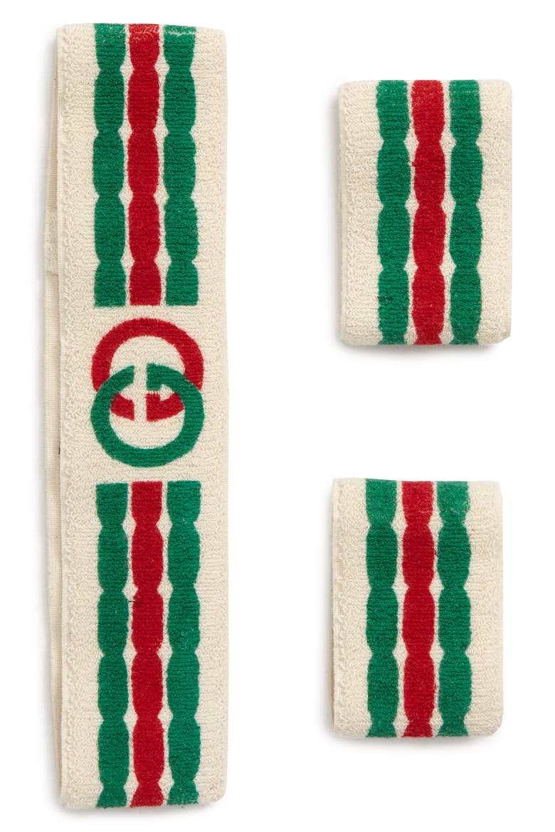 Interlocking-G Stripe Sweatband & Wrist Bands, Main, color, IVORY/ DARK GREEN