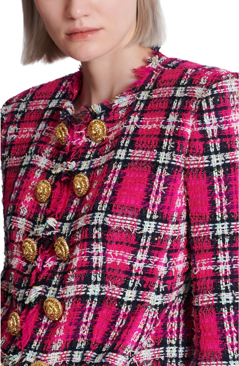 Balmain Cropped jacket in glitter plaid tweed, Alternate, color, Pink