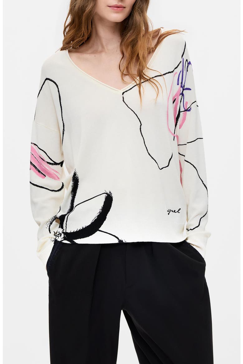 Floral V-Neck Sweater, Main, color, WHITE