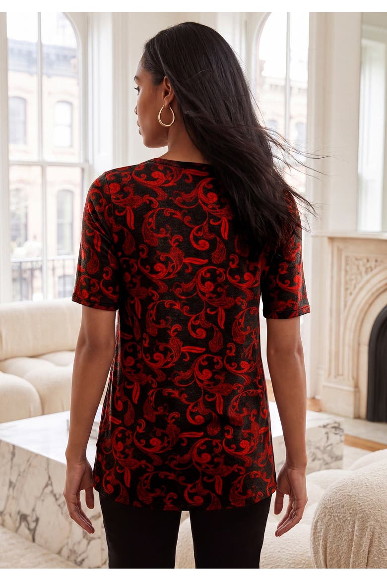 Stretch Knit Cutout Swing Tunic, Alternate, color, VIVID RED PAISLEY SCROLL
