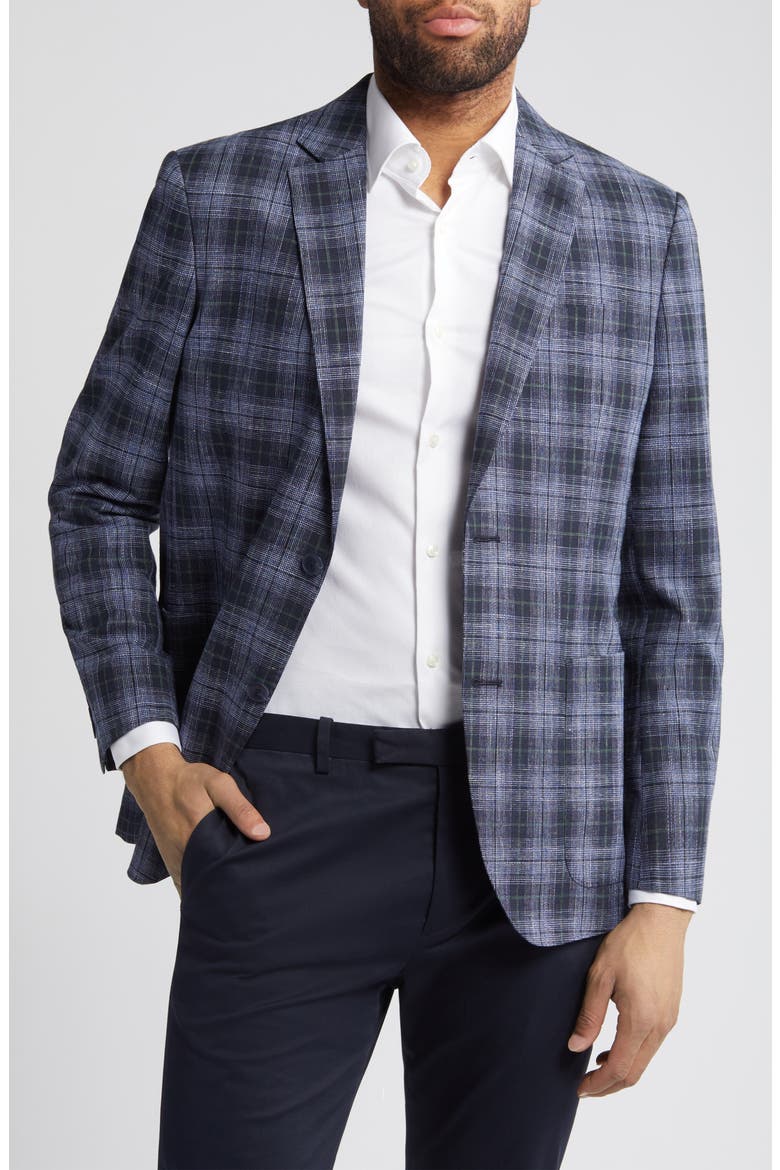 Plaid Stretch Wool & Cotton Blend Sport Coat, Main, color, NAVY VISTA PLAID