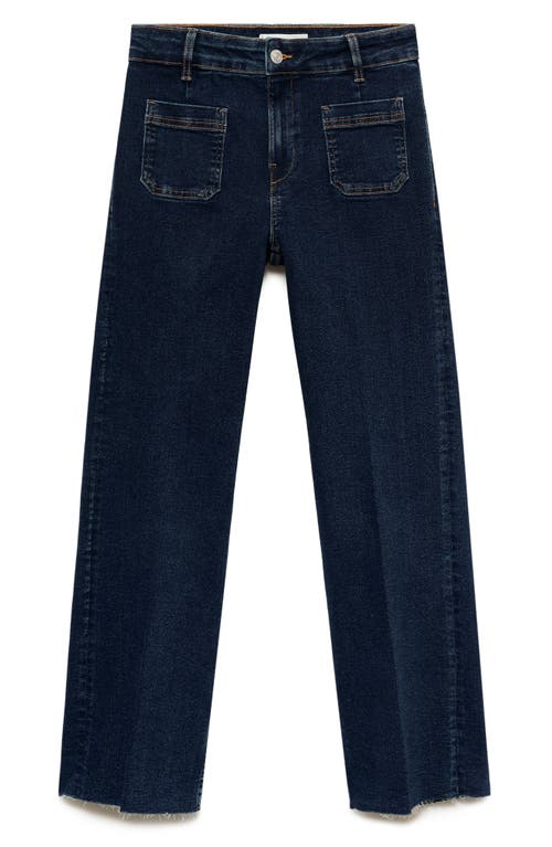 Mango Alex Raw Hem Patch Pocket Crop Flare Jeans In Dark Blue