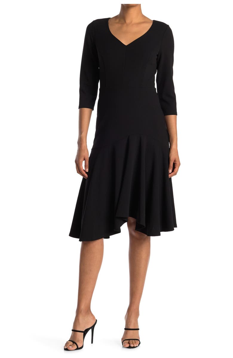 HALSTON EVENING Elbow Sleeve Wide V-Neck Flounce Dress, Main, color,