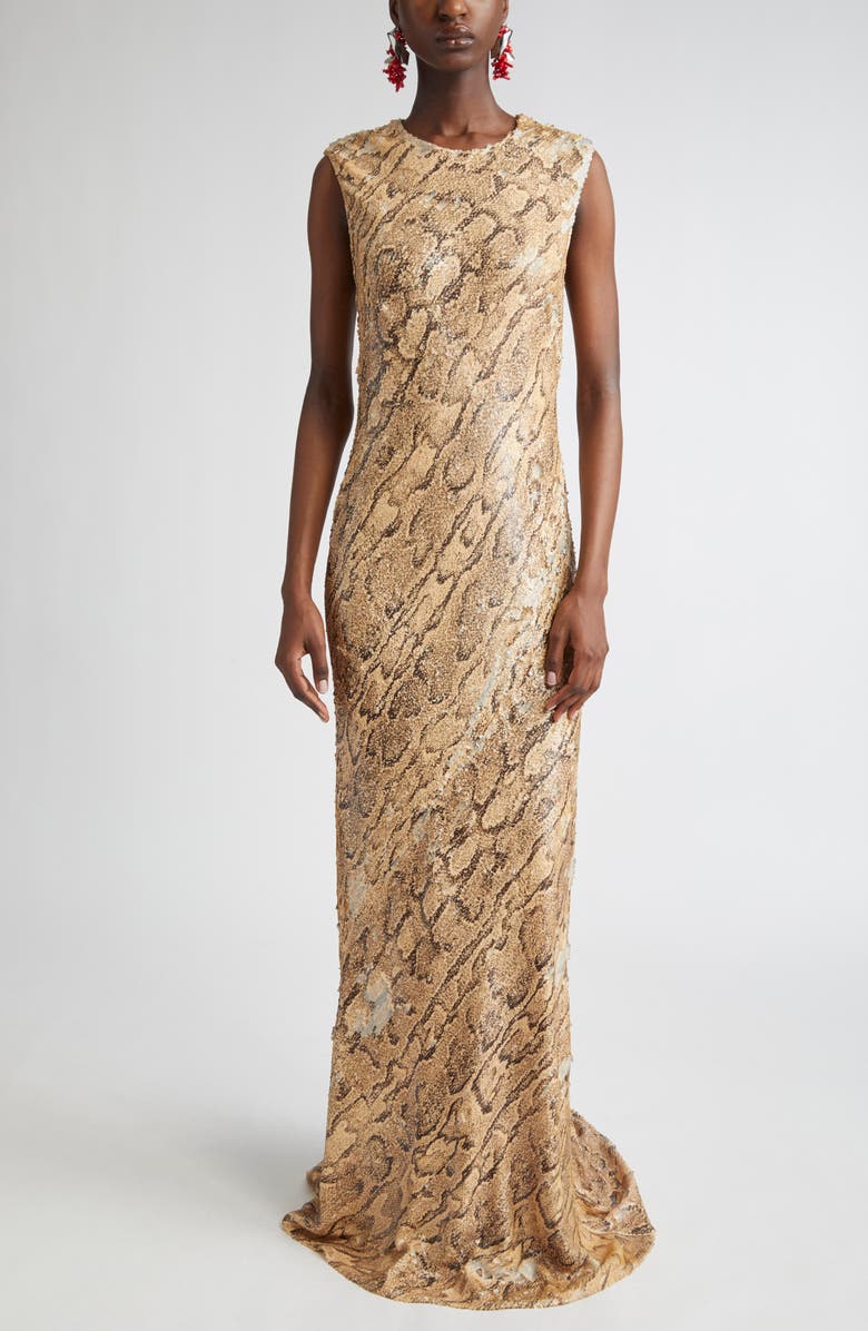 Dries Van Noten Snakeskin Effect Sequin Gown, Main, color, Beige