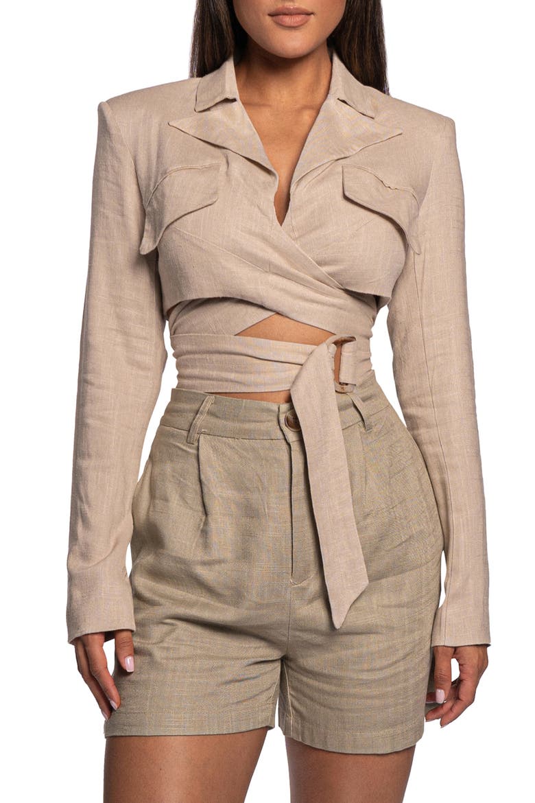 Myling Cotton & Linen Wrap Crop Top, Main, color, BEIGE