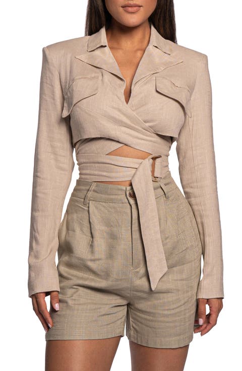 Myling Cotton & Linen Wrap Crop Top