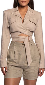 JLUXLABEL Myling Cotton & Linen Wrap Crop Top