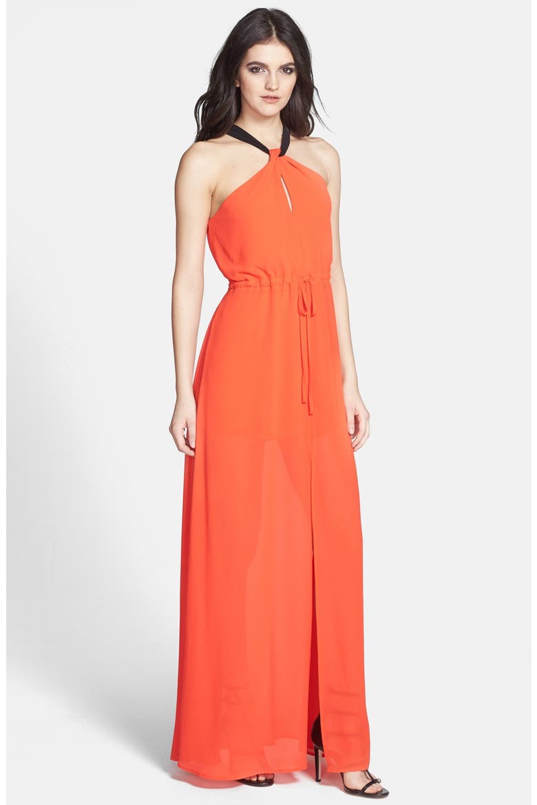 ASTR Twist Neck Keyhole Maxi Dress, Main, color, BRIGHT RED/ BLACK