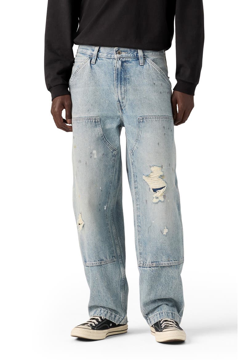 568 Loose Ripped Straight Leg Double Knee Jeans, Main, color, DIVING DUCKS BLUE
