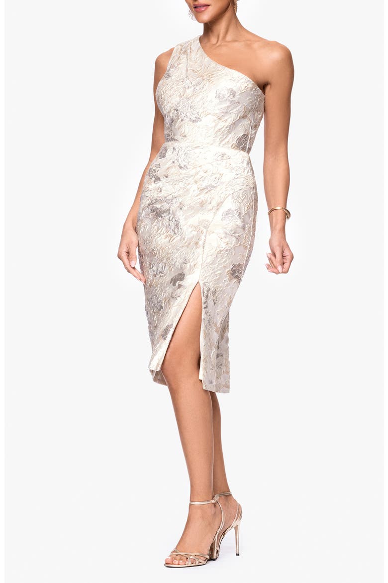 Metallic Floral Jacquard One-Shoulder Sheath Cocktail Dress, Alternate, color, CHAMPAGNE