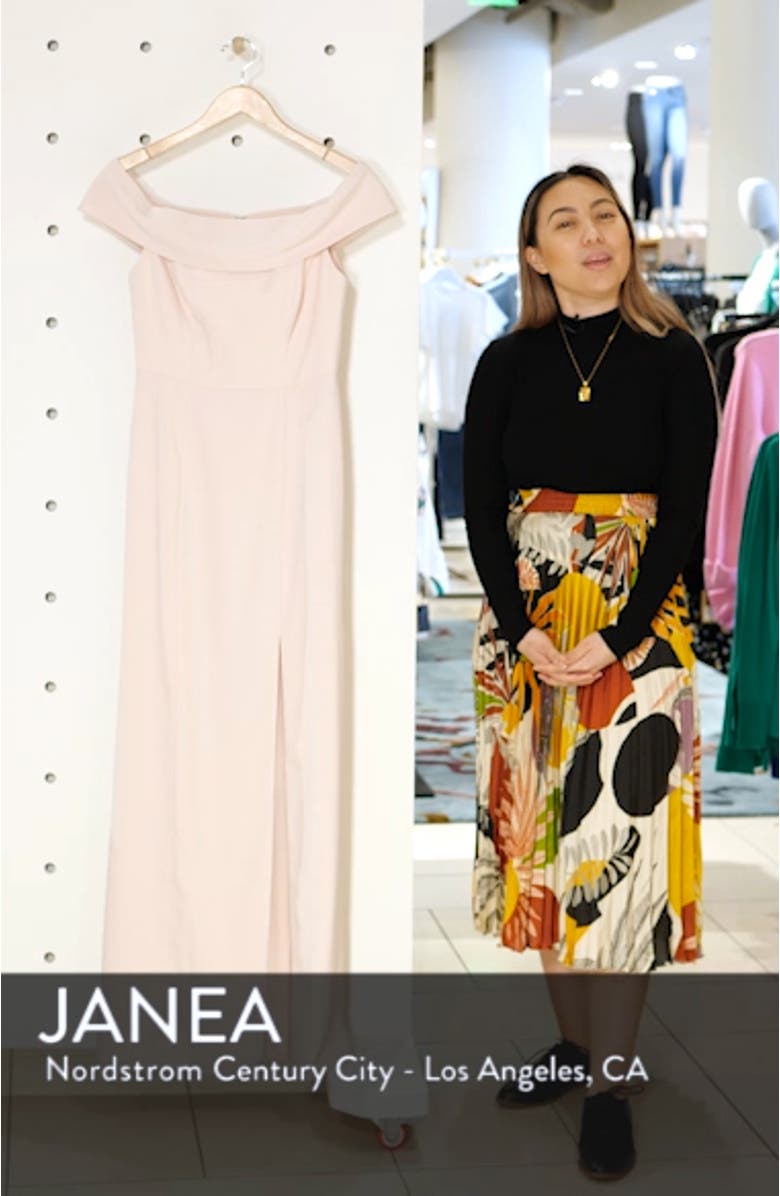 Off the Shoulder Crepe Column Gown, sales video thumbnail