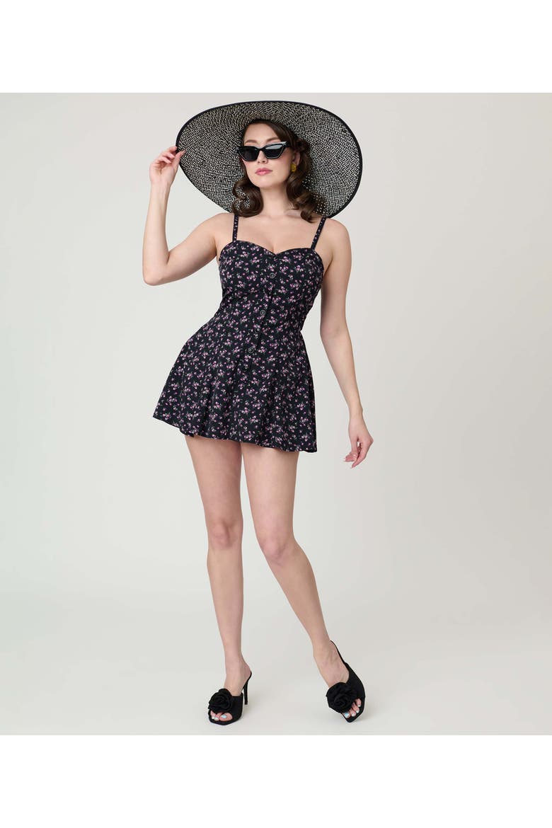 1940s Sweetheart Skirted Romper, Alternate, color, Black Ditzy Floral