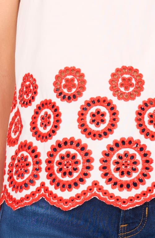 Cece Embroidered Eyelet Ruffle Shoulder Cotton Top In Neutral