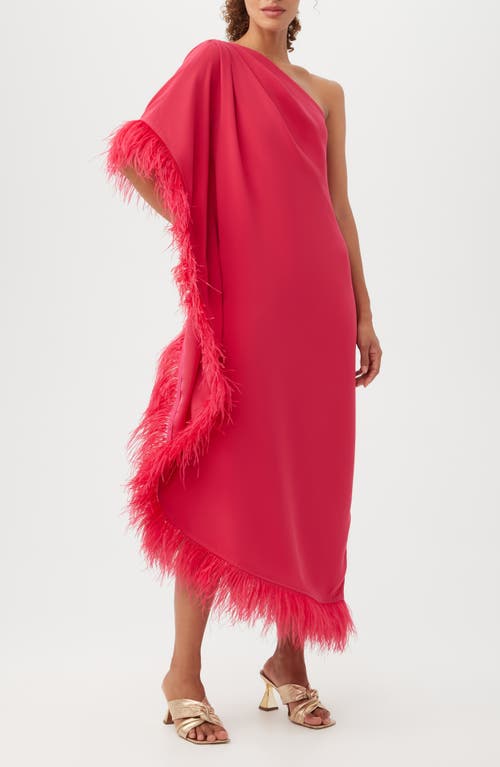 Trina Turk Largo One-shoulder Feather Trim Caftan Maxi Dress