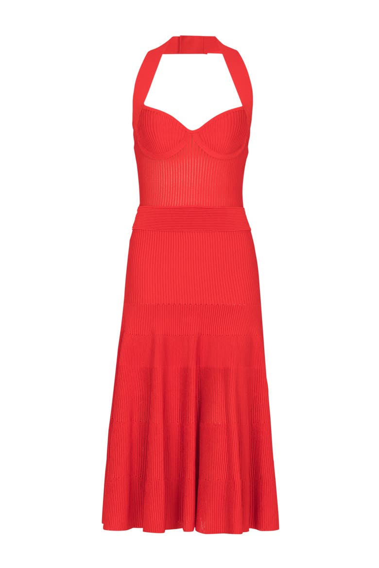 Halterneck pleated knit midi dress, Alternate, color, red