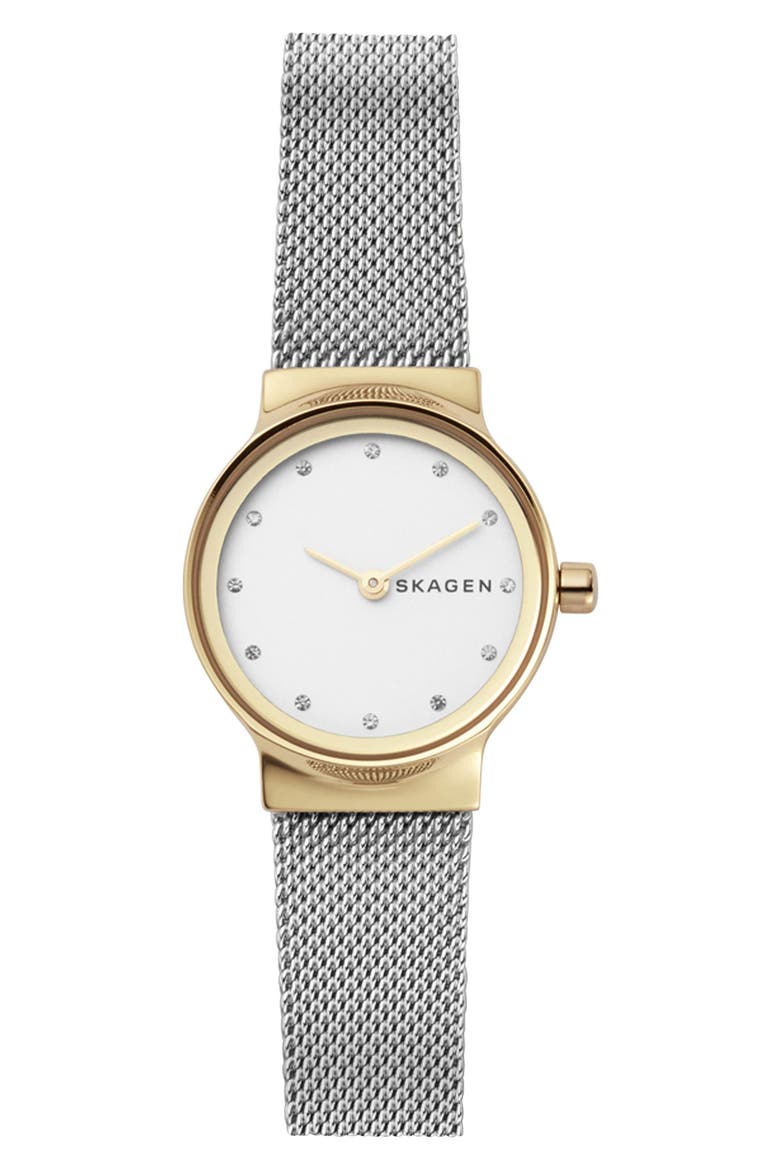 Freja Crystal Accent Mesh Strap Watch, 26mm, Main, color, SILVER/ WHITE/ GOLD