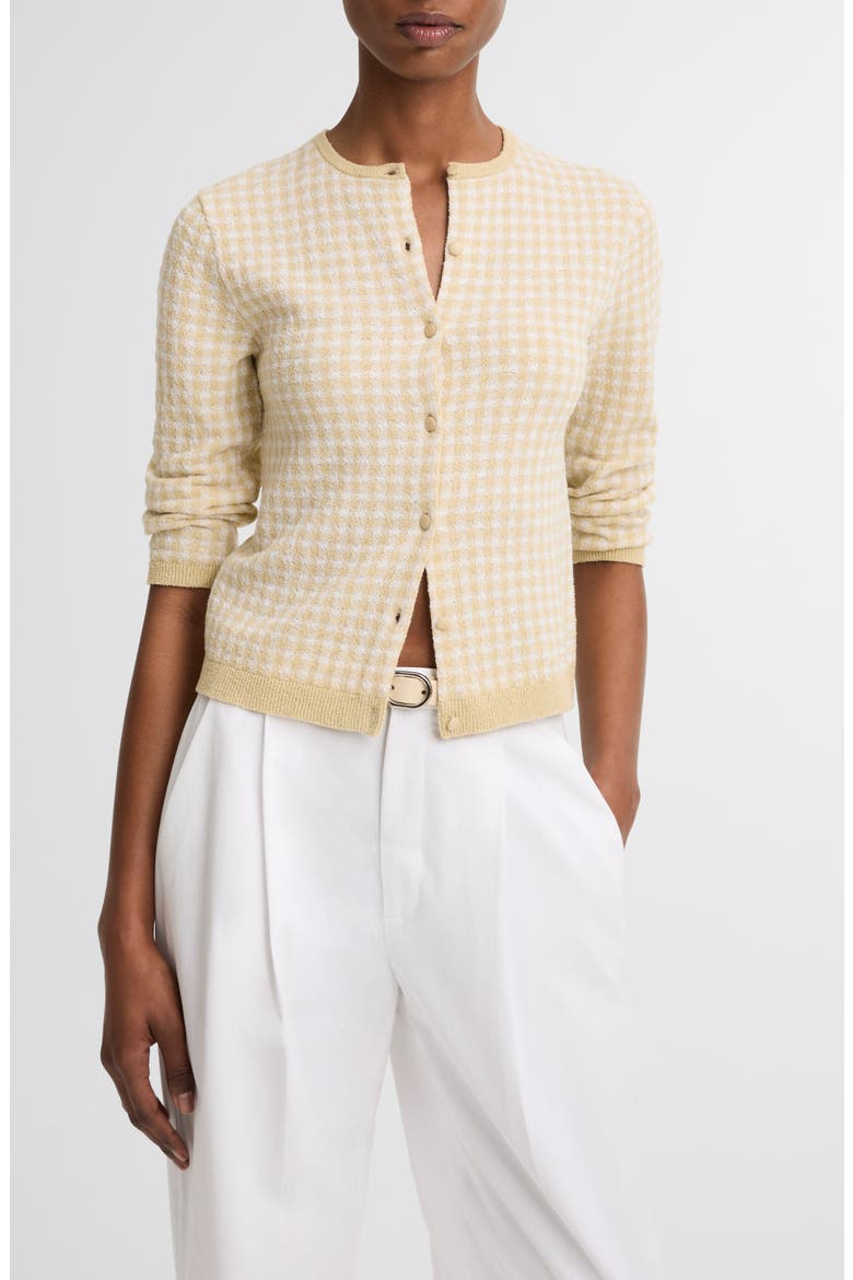 Gingham Check Wool & Cotton Blend Cardigan, Main, color, OFF WHITE/ MAIZ