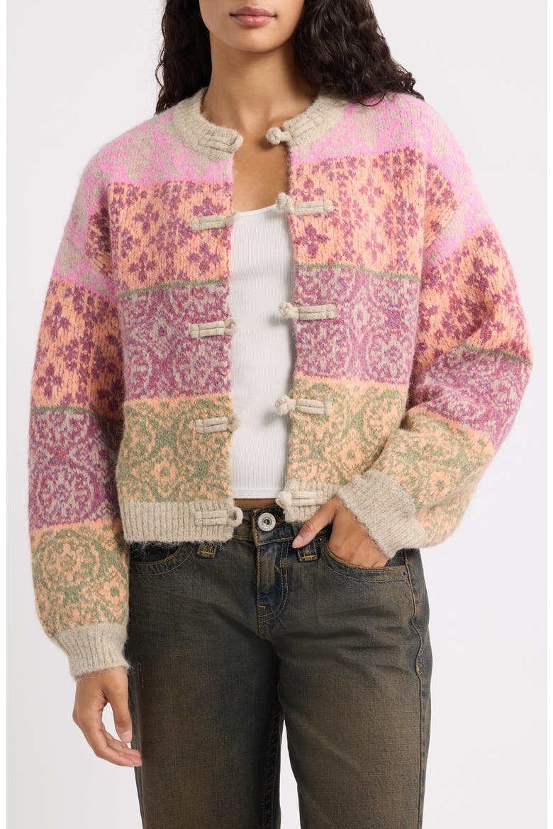 Knot Fastening Cardigan, Main, color, PINK PATTERN