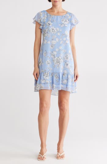 Connected Apparel Flutter Sleeve Chiffon Dress In Peri
