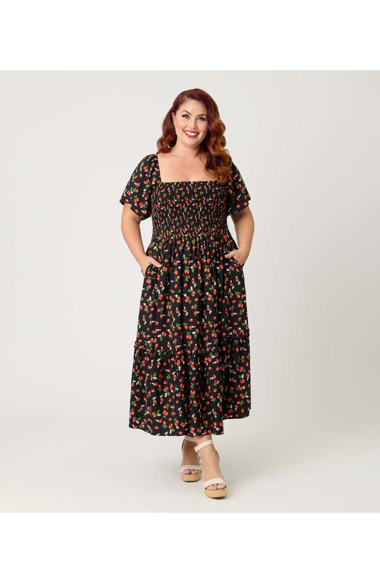 Unique Vintage Plus Size Smocked Bodice Midi Dress, Main, color, Black W/Strawberry Print
