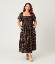 Unique Vintage Plus Size Smocked Bodice Midi Dress