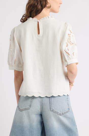 Embroidered Cutwork Puff Sleeve Linen Blend Top