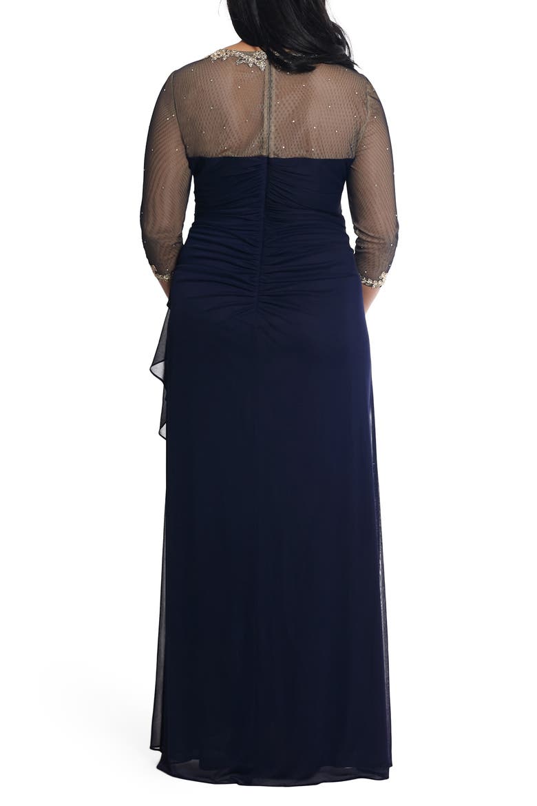 Xscape Embellished Illusion Sleeve Ruched Gown, Alternate, color, NAVY/ GOLD