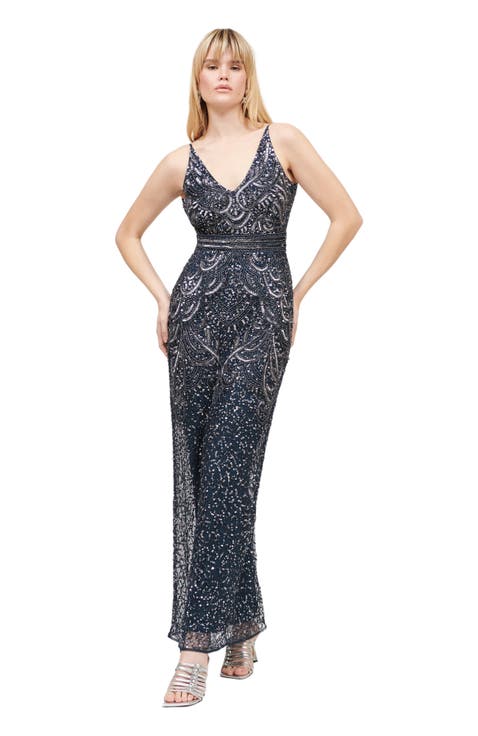 Occasion Embellished Sequin Beaded V Neck Evening Gown