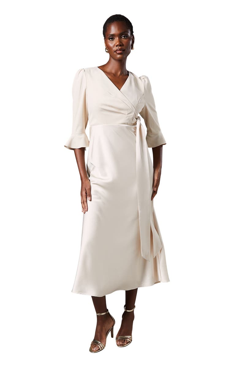 Coast Ruffle Sleeve Satin Wrap Dress, Main, color, Champagne