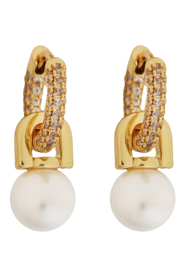 Faux Pearl Drop Pavé Crystal Huggie Hoop Earrings, Main, color, WHITE