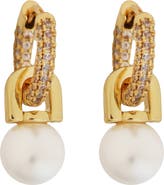 Panacea Faux Pearl Drop Pavé Crystal Huggie Hoop Earrings
