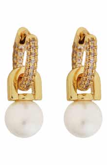 Panacea Faux Pearl Drop Pavé Crystal Huggie Hoop Earrings