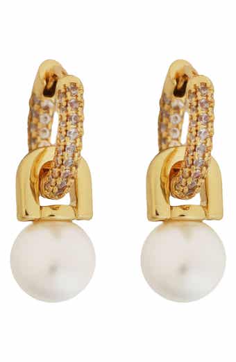 Panacea Faux Pearl Drop Pavé Crystal Huggie Hoop Earrings