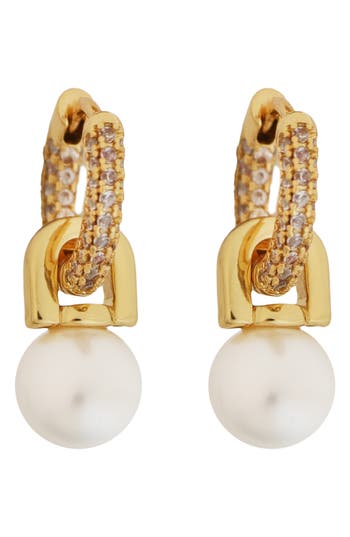 Panacea Faux Pearl Drop Pavé Crystal Huggie Hoop Earrings In Gold