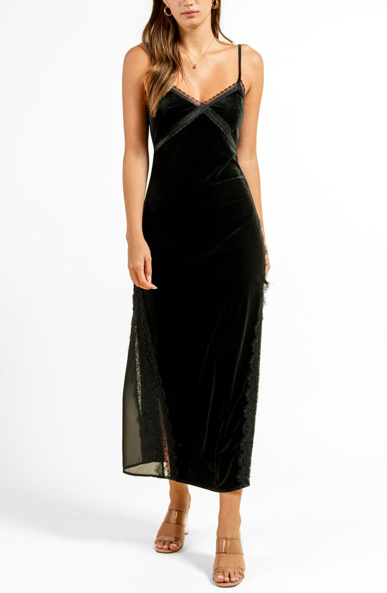 Beivy Lace Trim Velvet Slipdress, Main, color, Black