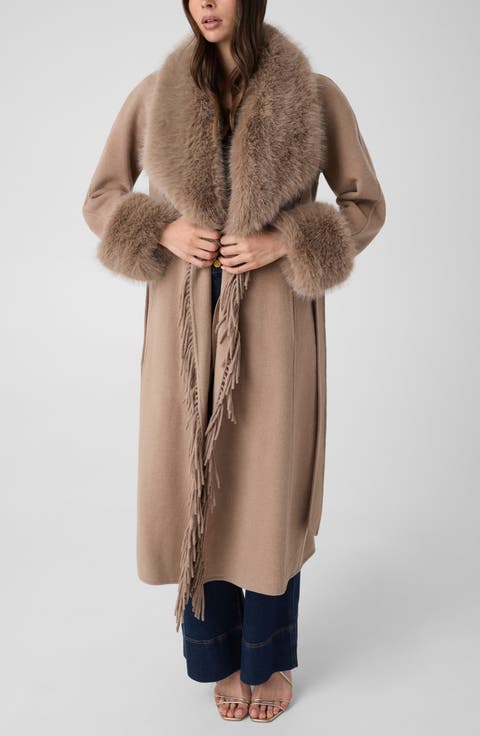 New Liliana Faux Fur Trim Wool Blend Belted Coat