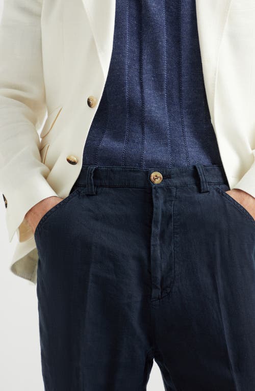 Brunello Cucinelli Men Leisure Fit Blue Comfort Linen Canvas Trousers In Navy Blue