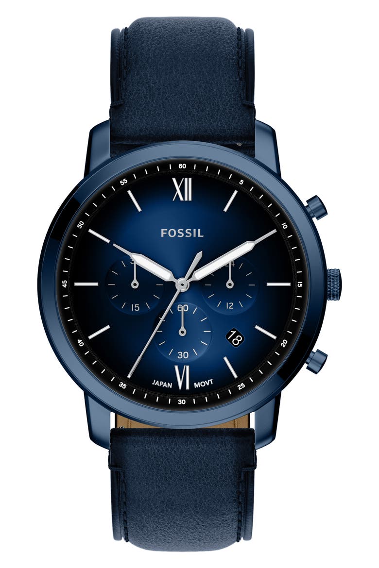 Neutra Blue Chronograph Leather Strap Watch, 44mm, Main, color, NAVY