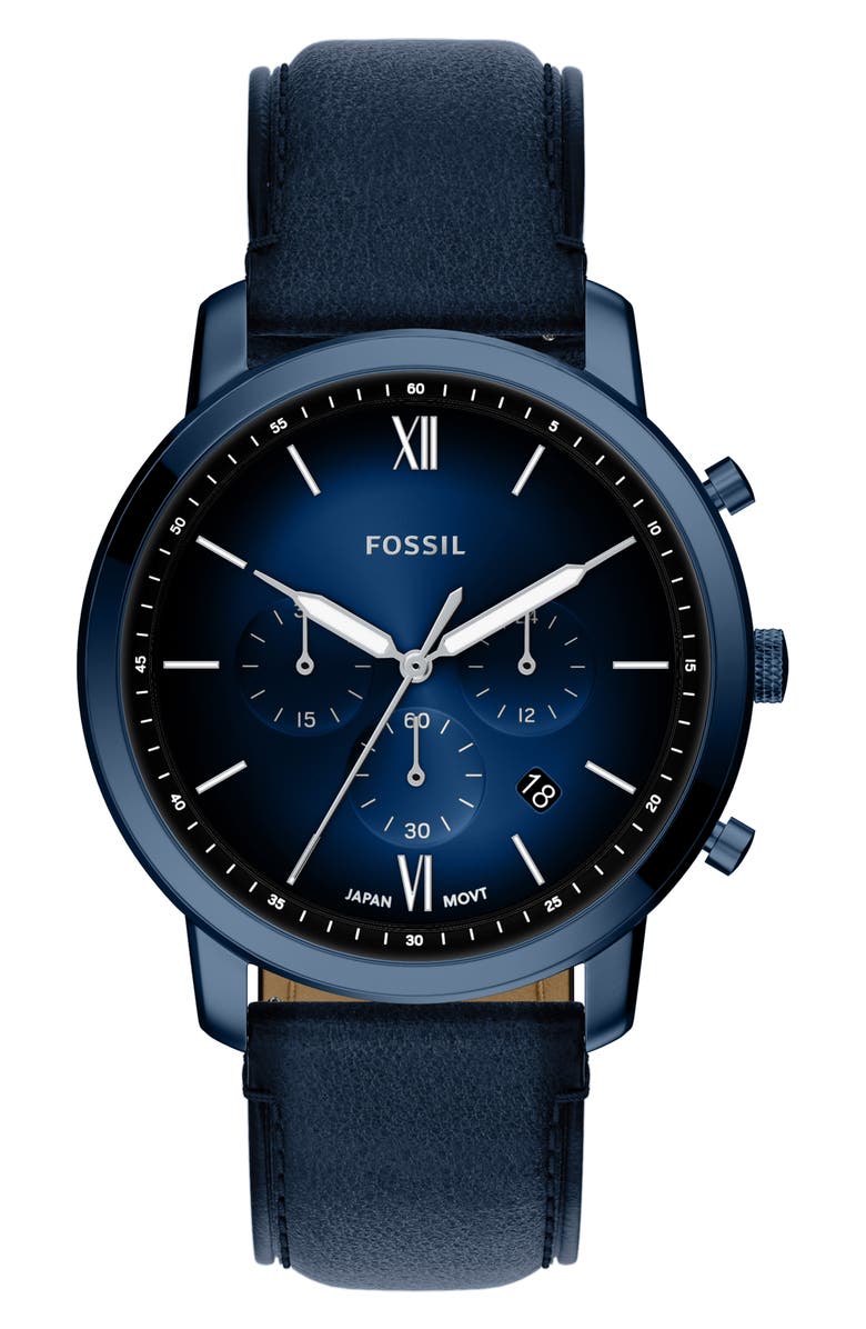 Fossil Neutra Blue Chronograph Leather Strap Watch, 44mm, Main, color, 