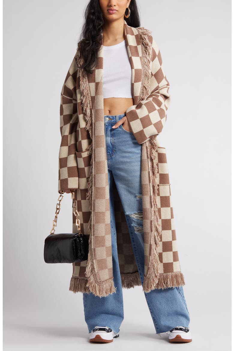Fringe Blanket Cardigan, Main, color, TAN CHECK