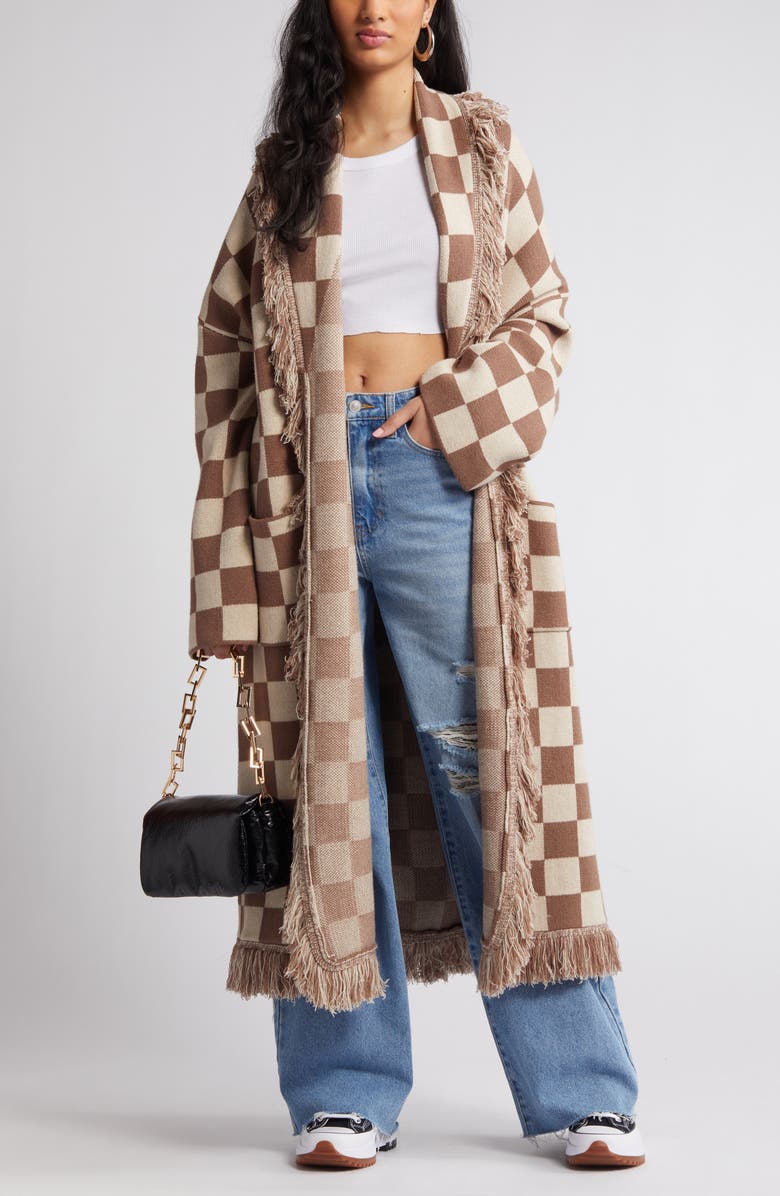 Dressed in Lala Fringe Blanket Cardigan, Main, color, Tan Check