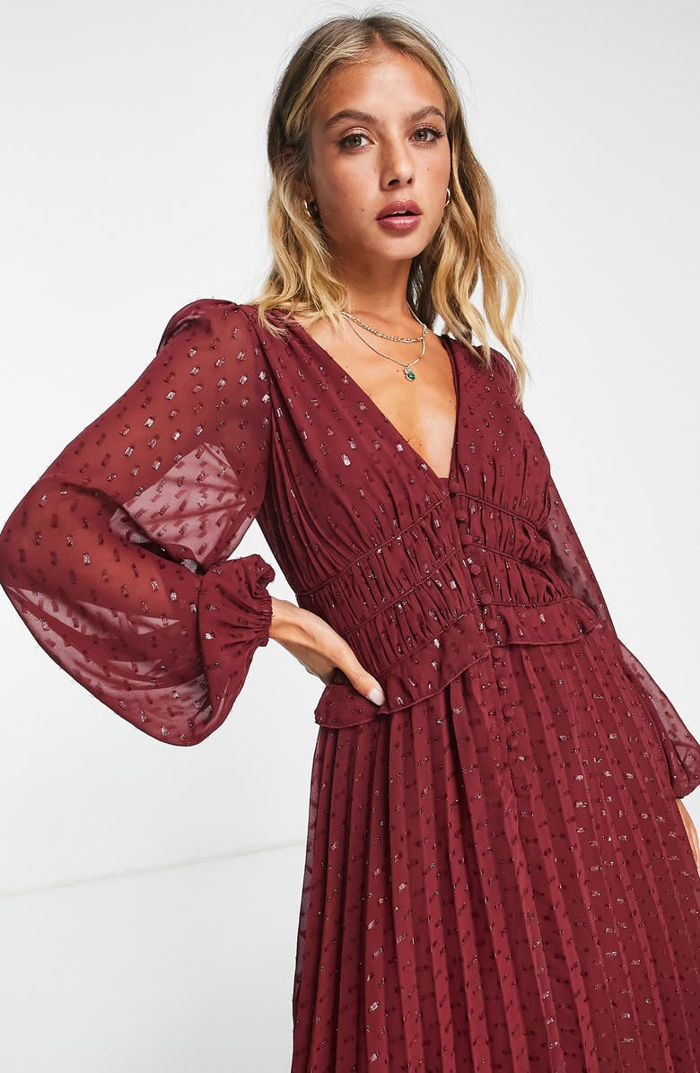 ASOS DESIGN Pleated Long Sleeve Clip Dot Chiffon Dress, Alternate, color,