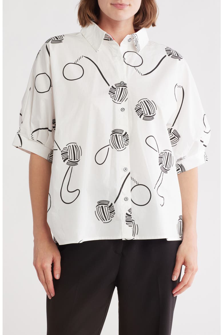 Printed Short Sleeve Boxy Button-Up Shirt, Main, color, WHITE
