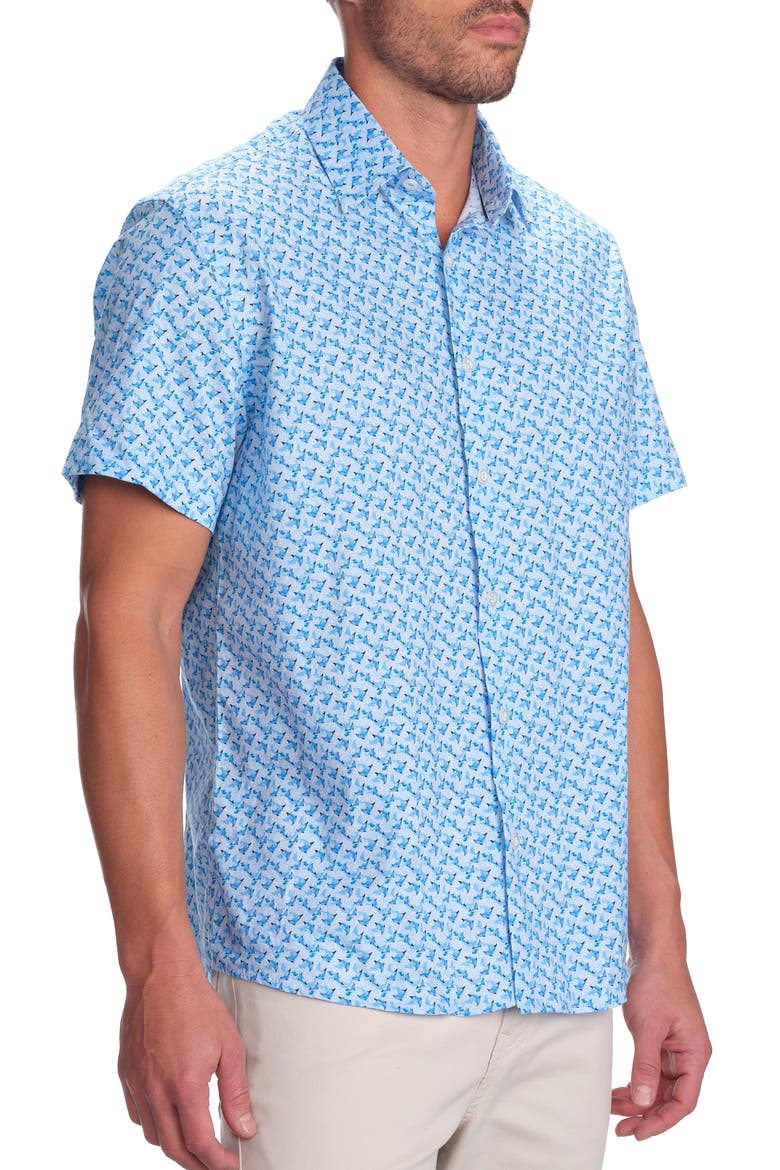 Dolphin Print Short Sleeve Cotton Button-Up Shirt, Alternate, color, BLUE