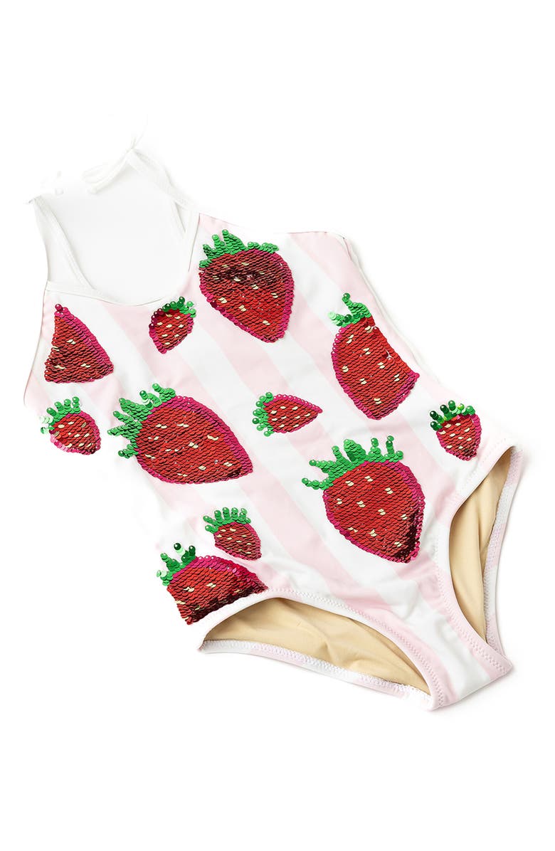 Shade Critters Kids' Summer Strawberry Sequin Stripe UPF 50+ One-Piece Swimsuit, Alternate, color, Pink