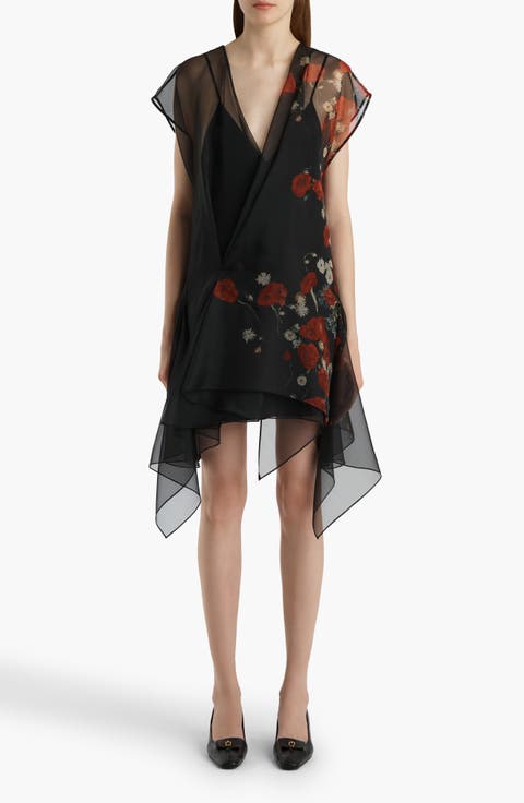 Merith Floral Sheer Handkerchief Hem Silk Organza Dress