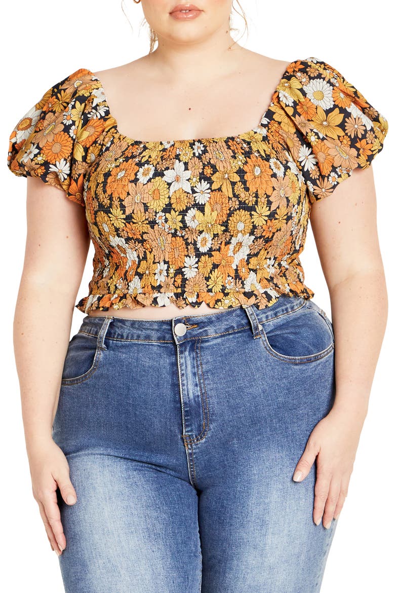 Naomi Smocked Off the Shoulder Top, Main, color, SUNSHINE HIPPIE CHIC